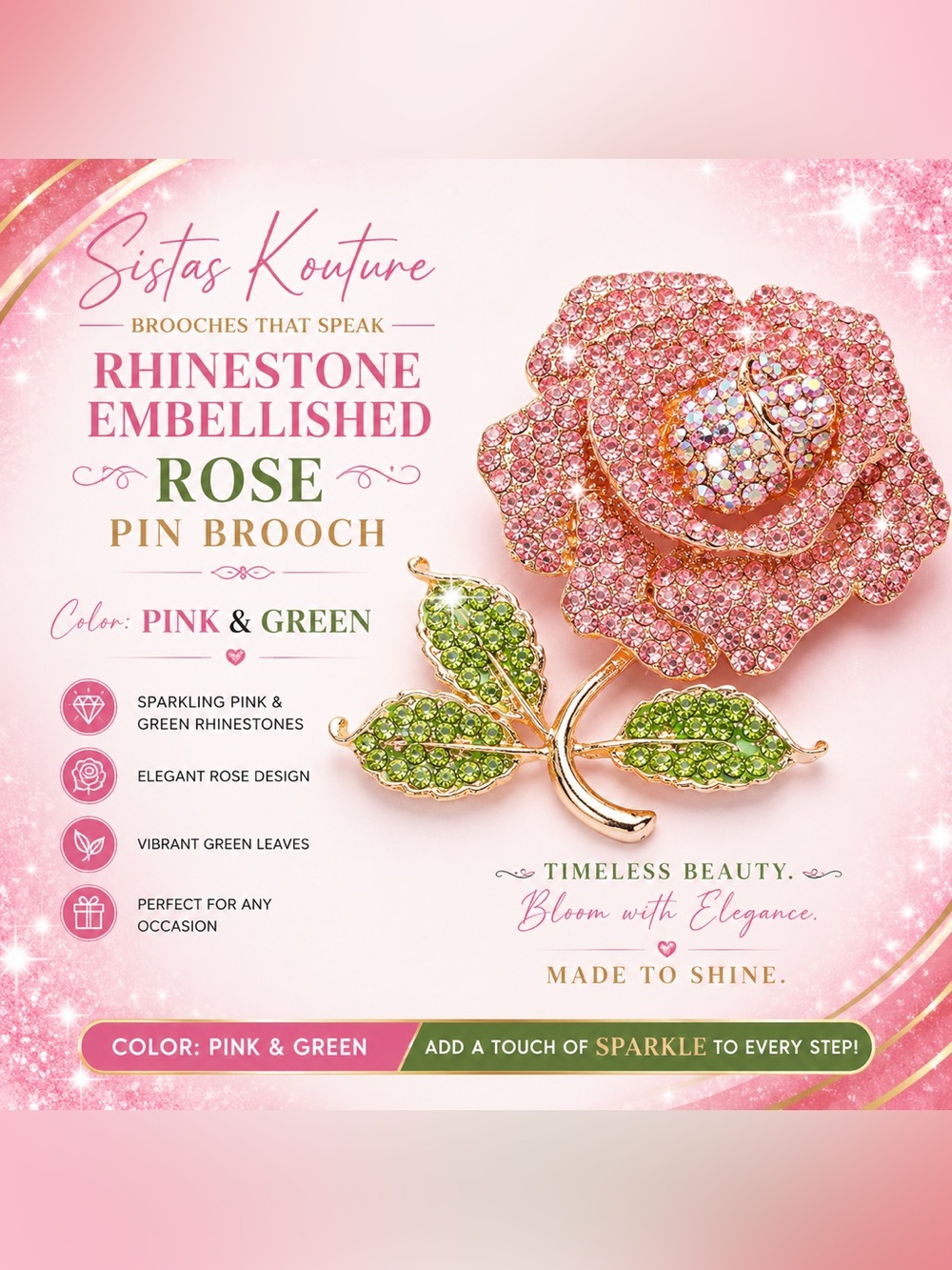 Pink & Green Rhinestone Rose Pin Brooch